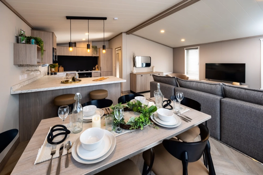 Interior of a static caravan holiday home in Lincolnshire