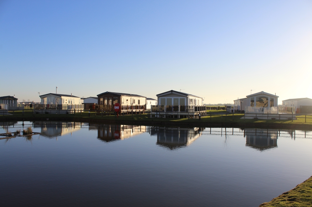 Modern static caravan exterior in Lincolnshire holiday park